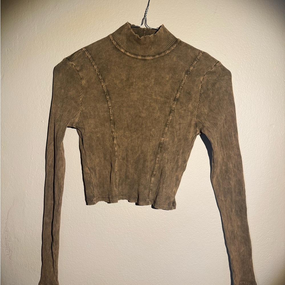 Bershka Brown Fitted Crop Top Long Sleeve